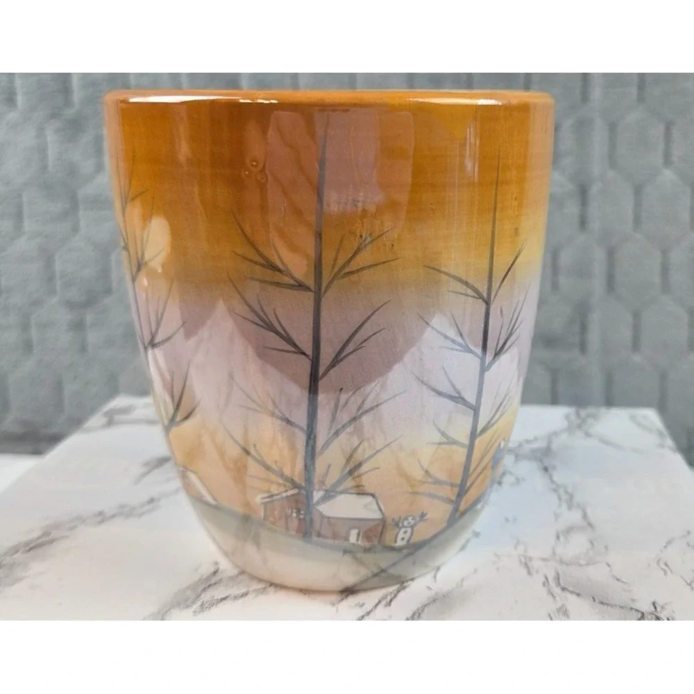 Trisa Luster Glaze Coffee Cups Winter Scene House Trees and Snowmn Stoneware Set